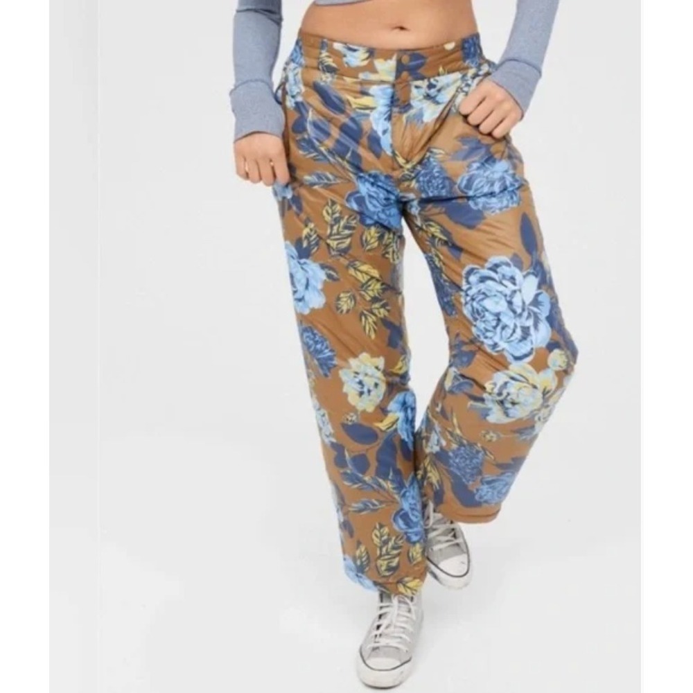 2/$30 New wi Aerie Green Blue Floral Quilted Puffer Straight Leg Ski Pants Large